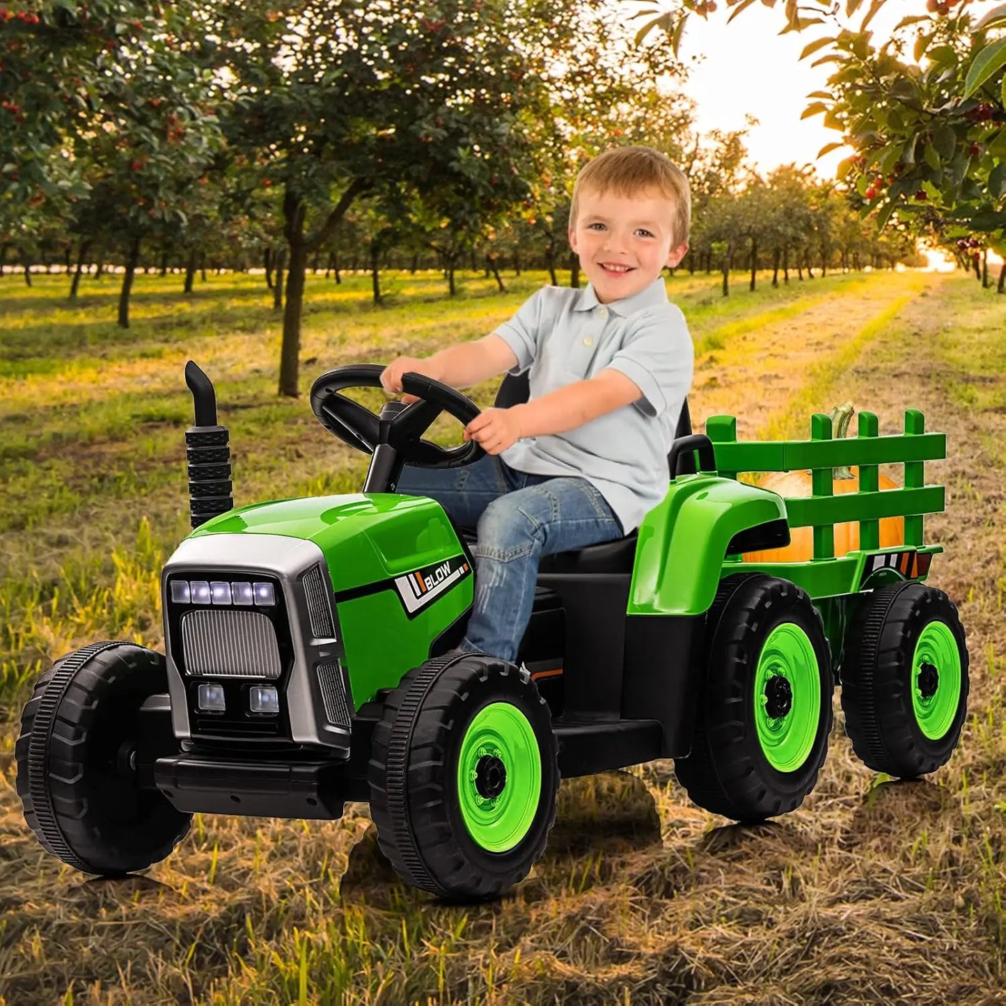Kids Ride On Tractor,12V Kids Battery Powered Electric Tractor with R/C and Trailer,Toddler Kids Electric Vehicle with Headlight