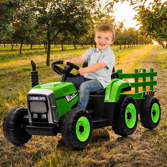 Kids Ride On Tractor,12V Kids Battery Powered Electric Tractor with R/C and Trailer,Toddler Kids Electric Vehicle with Headlight