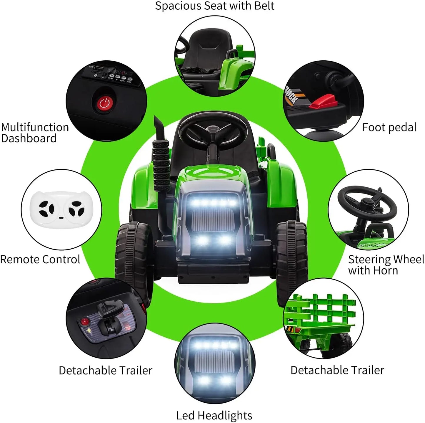 Kids Ride On Tractor,12V Kids Battery Powered Electric Tractor with R/C and Trailer,Toddler Kids Electric Vehicle with Headlight